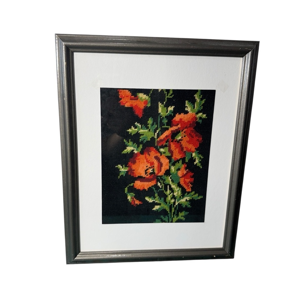 Vintage Framed Cross Stitch Needlepoint Artwork Poppies 15" x 12"